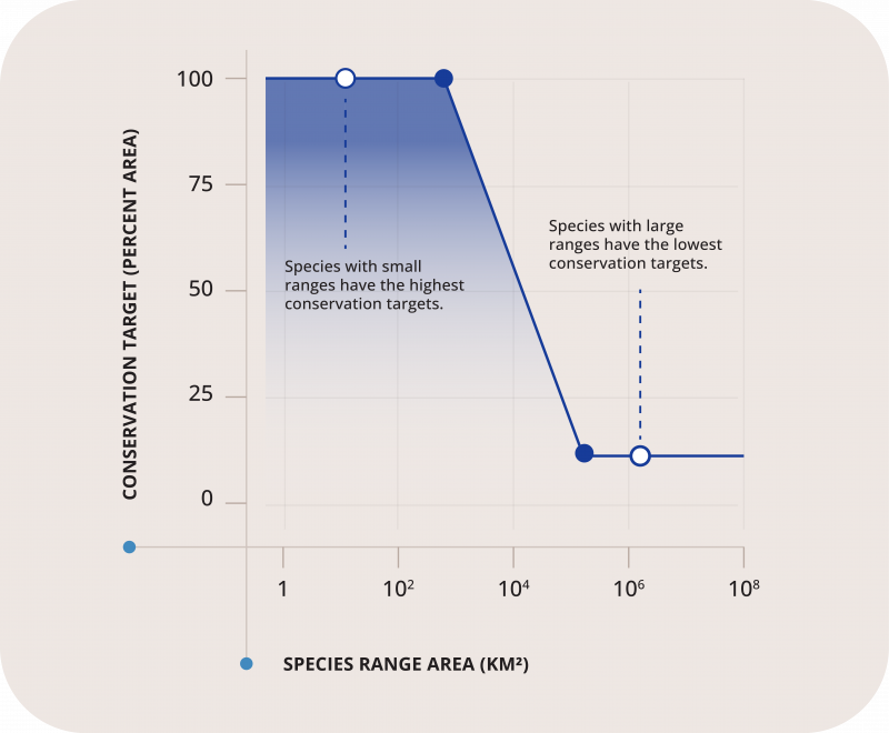 Species with small ranges have the highest conservation targets. Species with the large ranges have the lowest conservation targets.